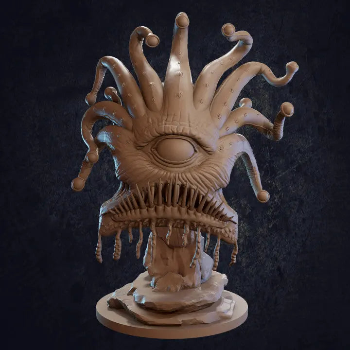 A detailed DnD miniature of a terrifying bioluminescent-eyed monster. The figure features glowing eyes that cast an eerie light, contrasting with the creature's dark, twisted body. With spindly limbs and alien features, the monster’s design is both grotesque and fascinating. Its bioluminescent gaze adds a sense of mystery and danger, making it an ideal figure for encounters with creatures of the deep or otherworldly beings in a tabletop RPG adventure.