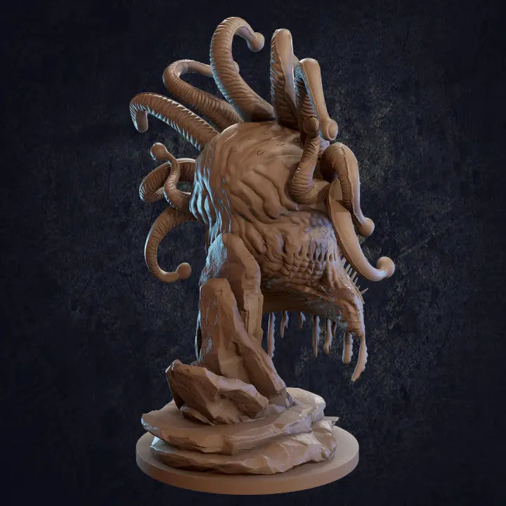 A striking DnD miniature of a bioluminescent-eyed creature with an unsettling, alien form. The monster features large, glowing eyes that seem to pierce the darkness, while its body is covered in twisted, spiny appendages. The creature exudes an aura of terror, with its glowing eyes serving as the focal point of its sinister design. This miniature would be perfect for encounters with eldritch horrors or as a unique boss monster in a dark fantasy setting.
