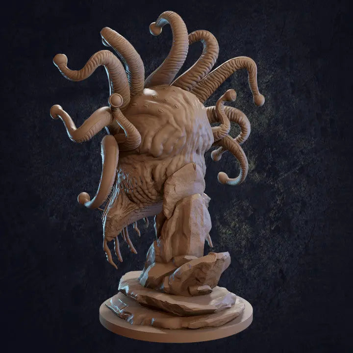 A detailed DnD miniature of a bioluminescent-eyed monster, showcasing a terrifying and grotesque creature. Its body is adorned with dark, jagged features, and the glowing eyes cast an ominous light. The monster’s form is alien, with tentacle-like appendages or spindly limbs, enhancing its unnatural and sinister nature. The figure's design suggests a deep, alien intelligence, making it ideal for encounters with otherworldly beings or dark magic.