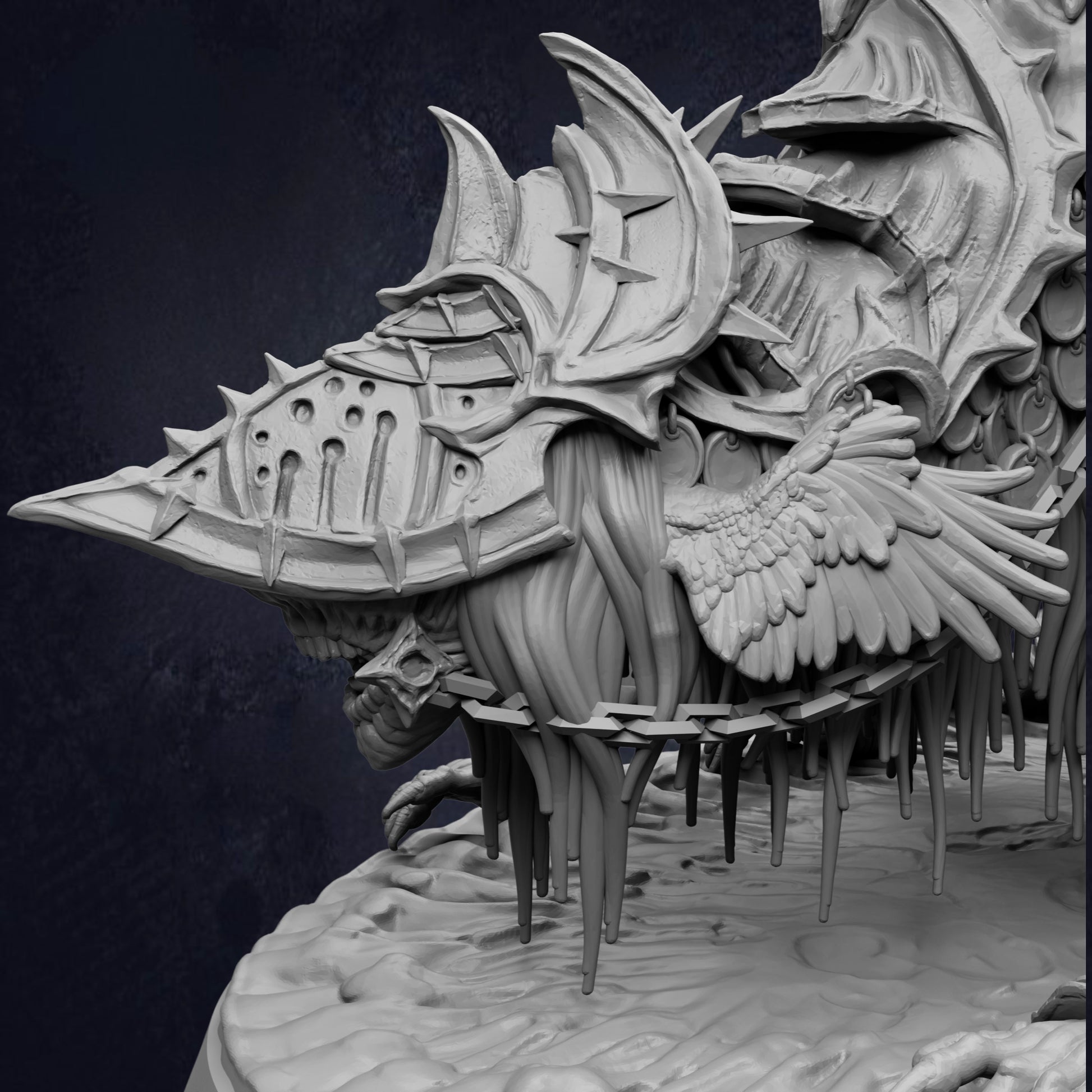 A detailed, intricate sculpture of a fantastical creature with sharp, pointed features and a complex, textured design.