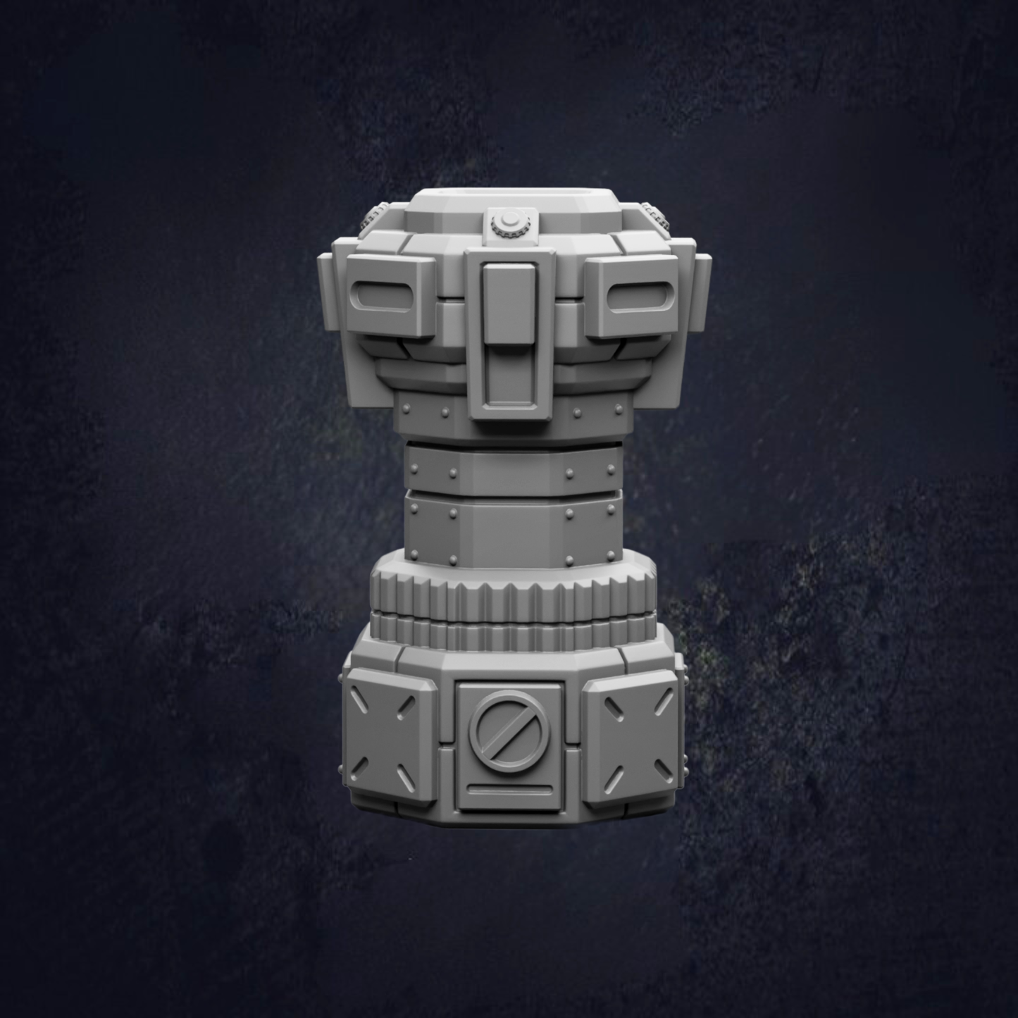 A 3D rendering of a futuristic-looking object, possibly a piece of armor or a weapon, against a dark background.