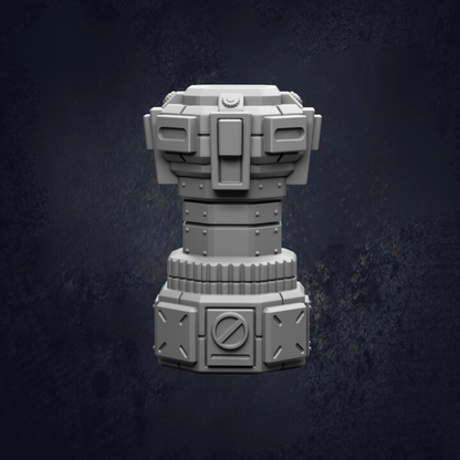 A 3D rendering of a futuristic-looking object, possibly a piece of armor or a weapon, against a dark background.