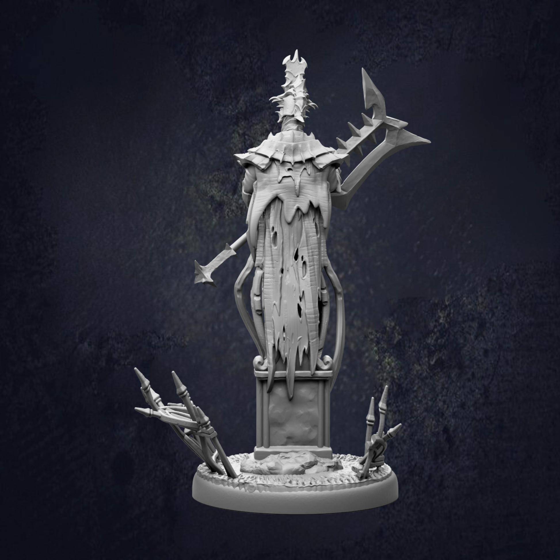 A 3D rendering of a fantastical, skull-like creature with sharp teeth and claws, standing on a pedestal and holding a weapon.