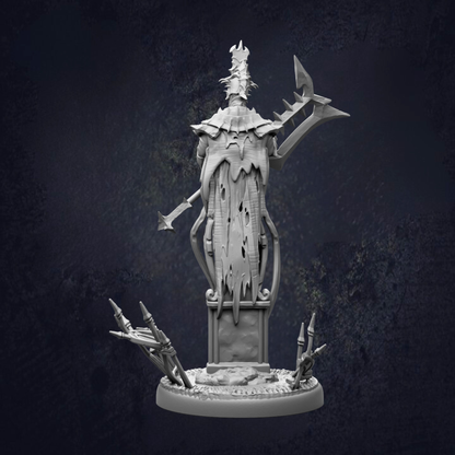 A 3D rendering of a fantastical, skull-like creature with sharp teeth and claws, standing on a pedestal and holding a weapon.