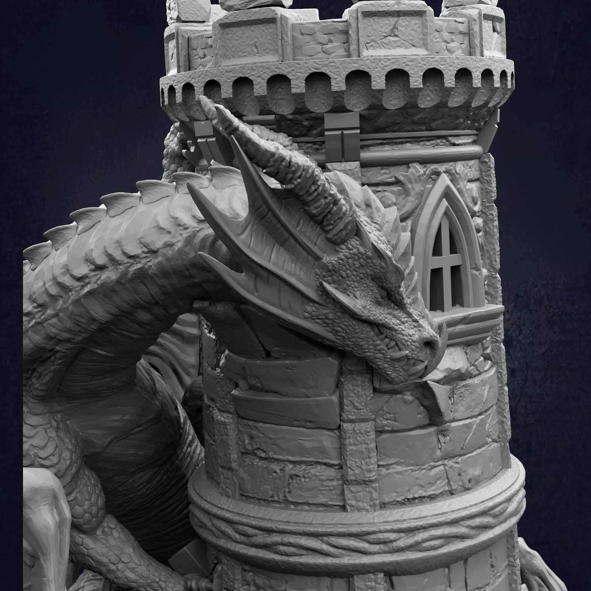 A detailed 3D rendering of a stone dragon statue perched atop a castle tower.