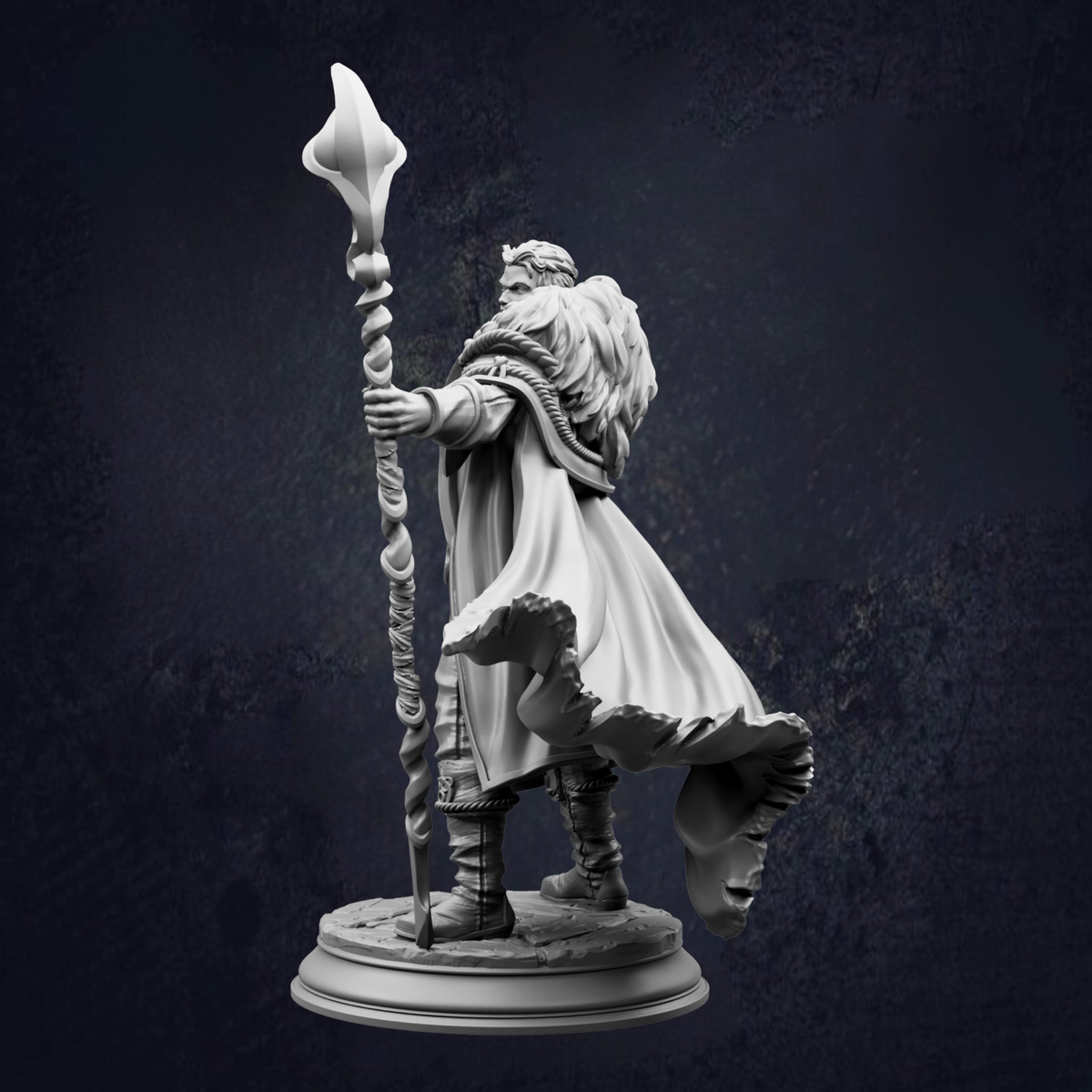 A statue of a person holding a staff and wearing a flowing robe, standing against a dark background.