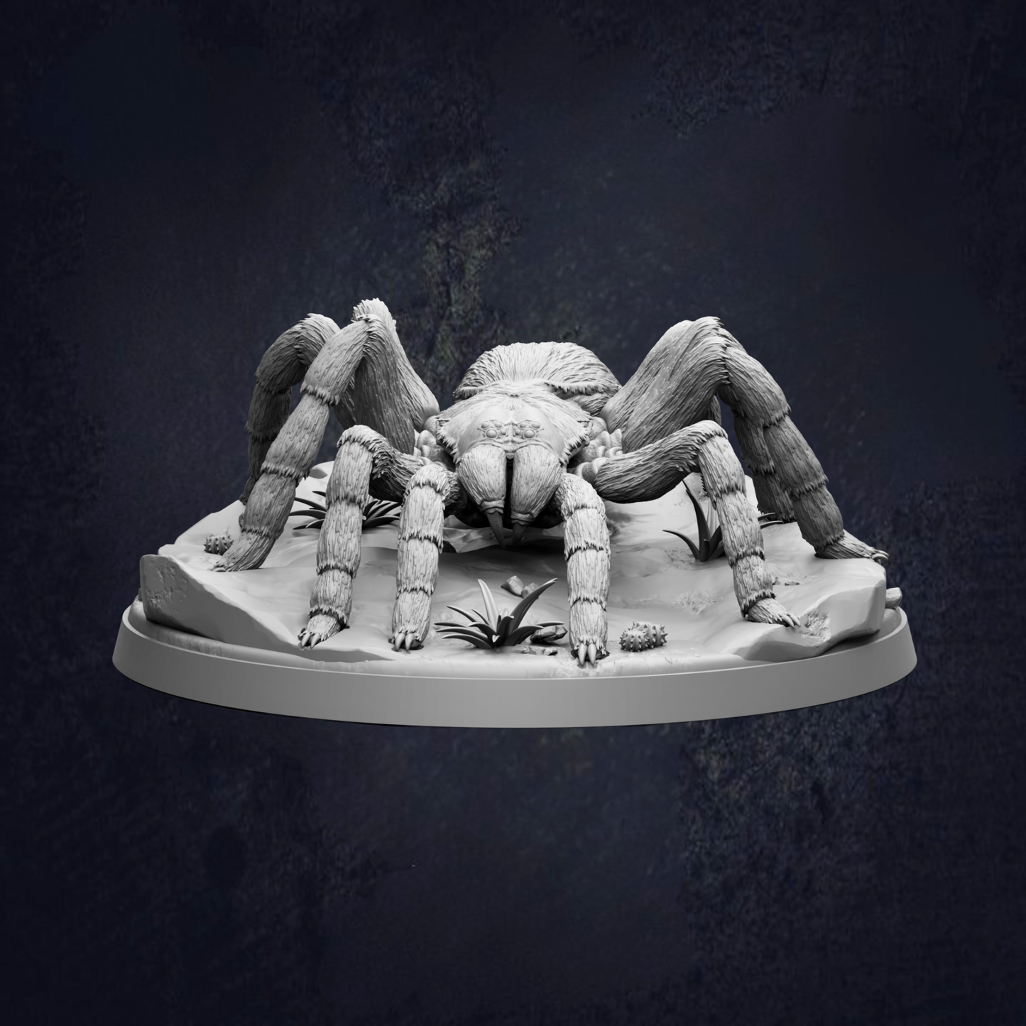 A detailed 3D model of a large spider with its legs spread out, sitting on a rock formation.