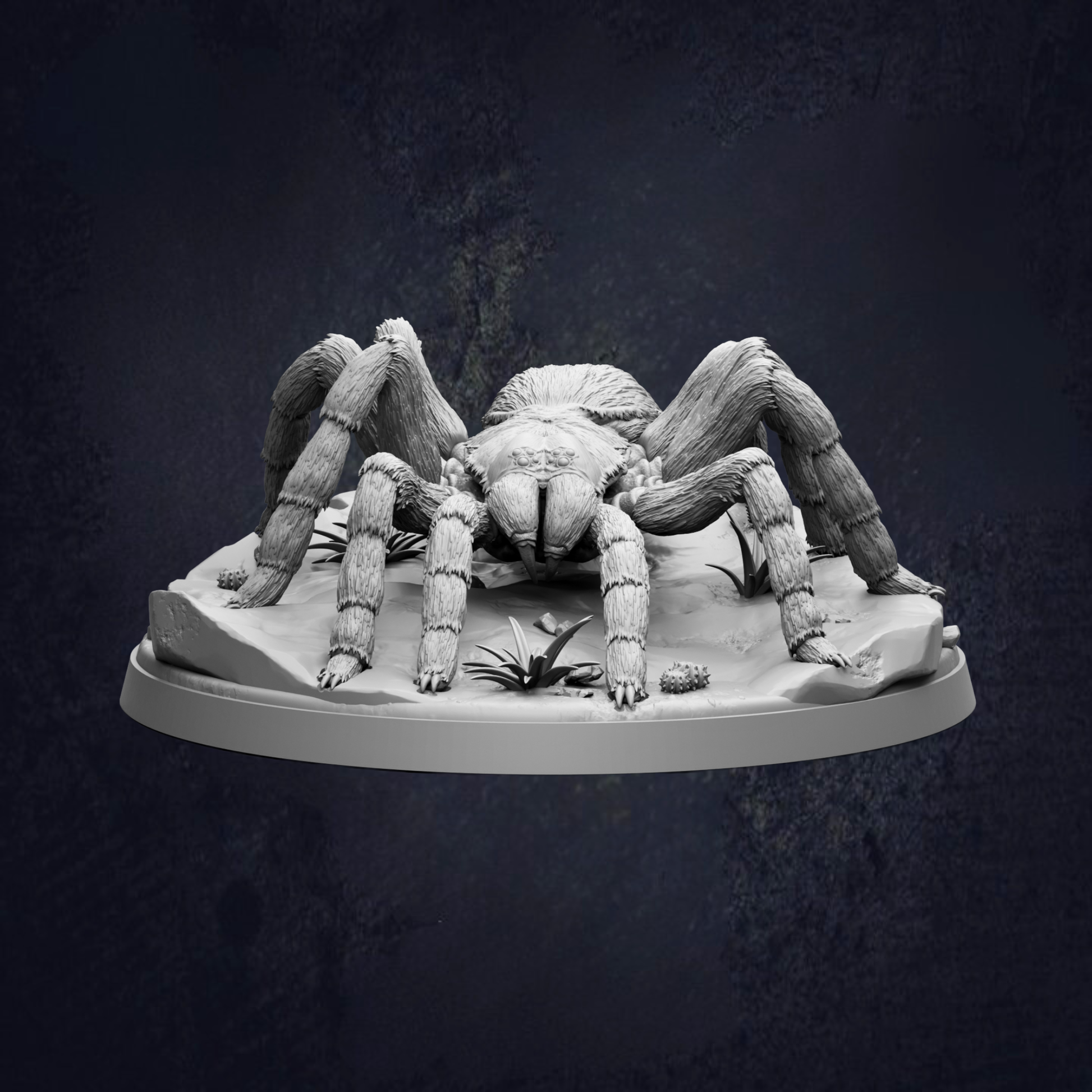 A detailed 3D model of a large spider with its legs spread out, sitting on a rock formation.