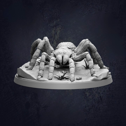 A detailed 3D model of a large spider with its legs spread out, sitting on a rock formation.