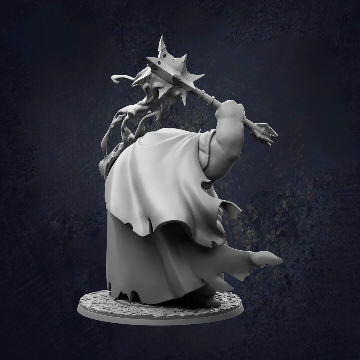 A 3D rendering of a character holding a large weapon, possibly a mace or sword, with a flowing cape or cloak. The character appears to be a fantasy or fantasy-inspired figure, possibly a deity or a warrior.