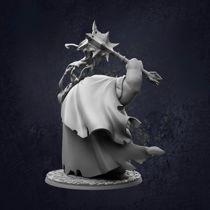 A 3D rendering of a character holding a large weapon, possibly a mace or sword, with a flowing cape or cloak. The character appears to be a fantasy or fantasy-inspired figure, possibly a deity or a warrior.