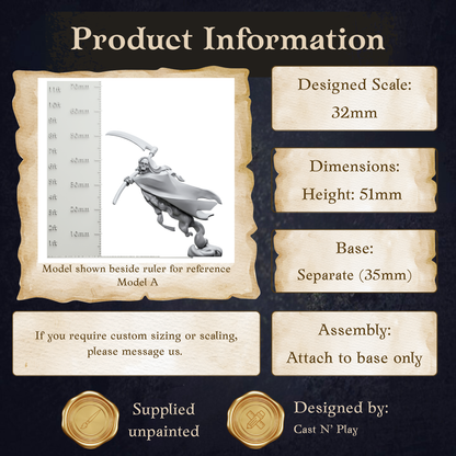 The image is a product information display featuring a model of a figure, likely a character, with dimensions and a base size.
