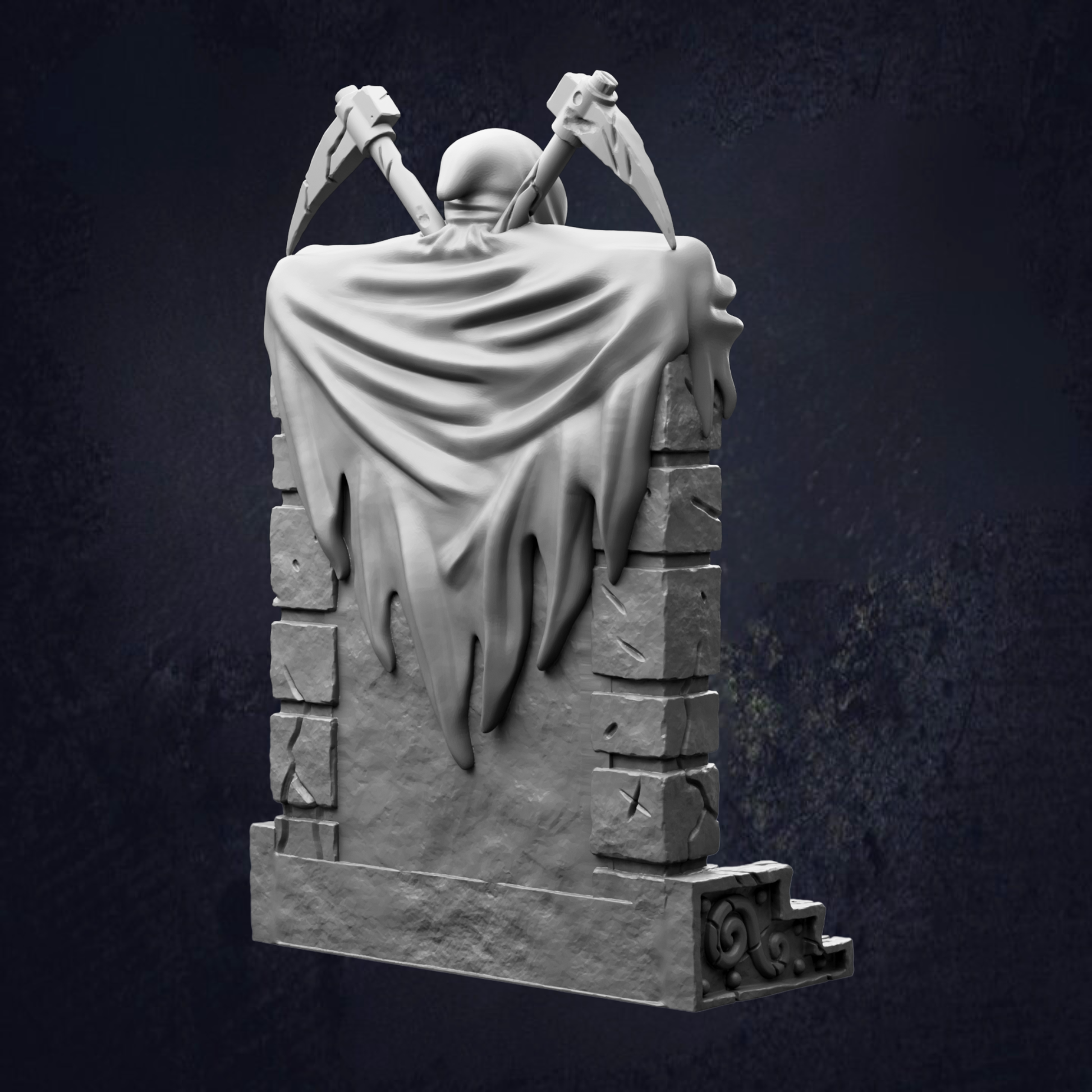 A 3D rendering of a skull-like figure with wings, standing on a stone pedestal with a decorative base.