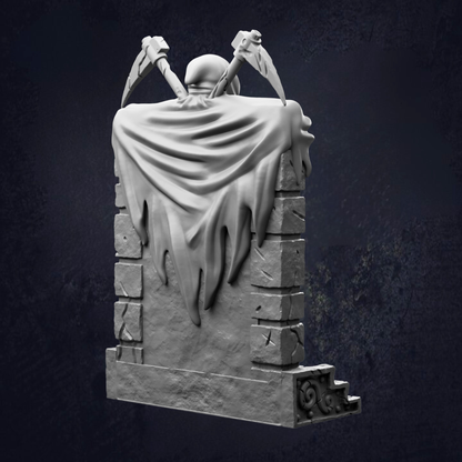 A 3D rendering of a skull-like figure with wings, standing on a stone pedestal with a decorative base.