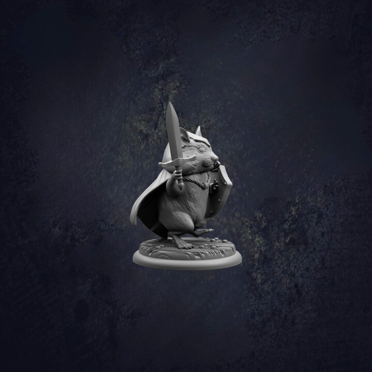 A statue of a mouse-like creature holding a sword and shield, standing on a base against a dark background.