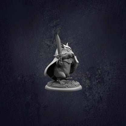 A statue of a mouse-like creature holding a sword and shield, standing on a base against a dark background.