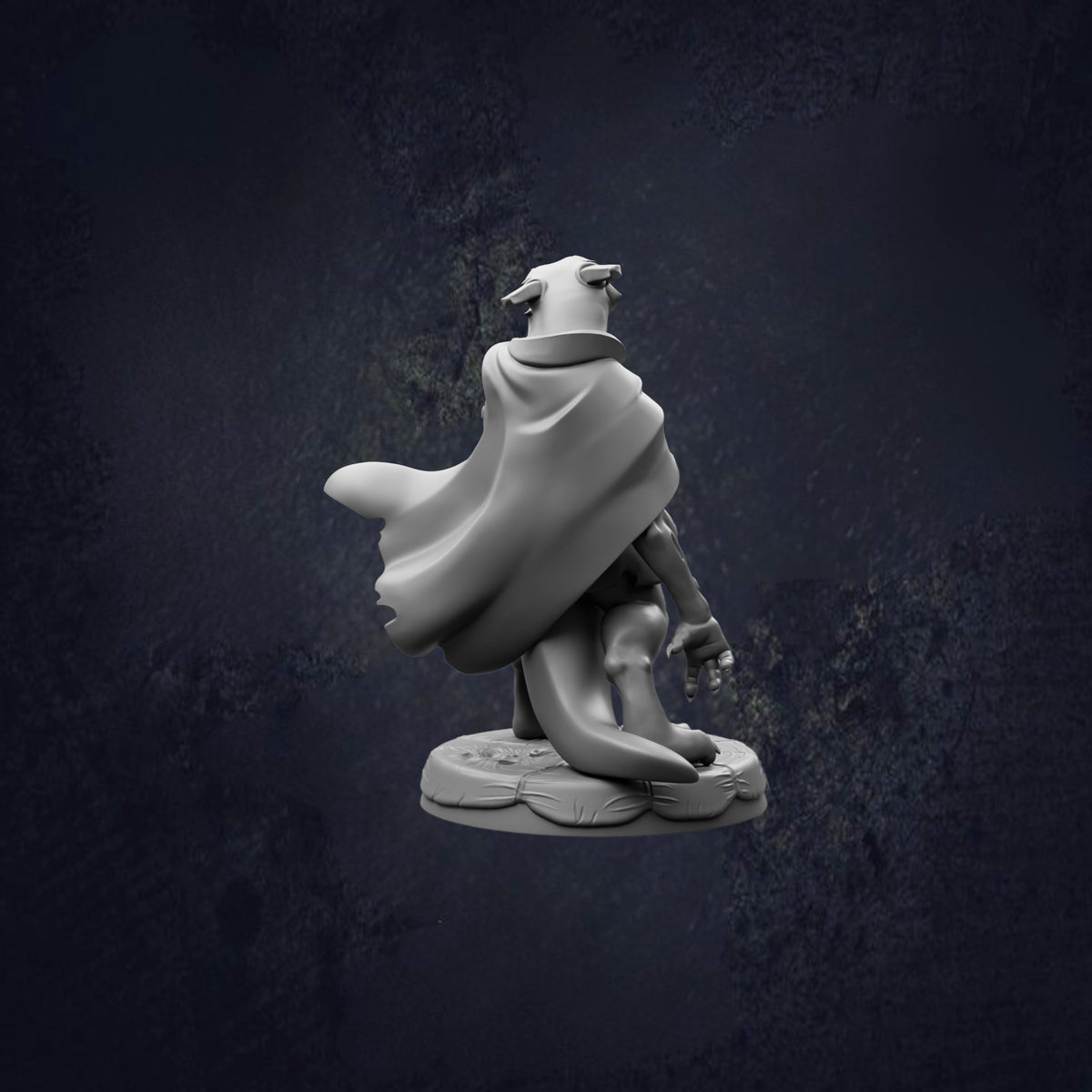 A 3D model of a character with a cape, standing against a dark background.