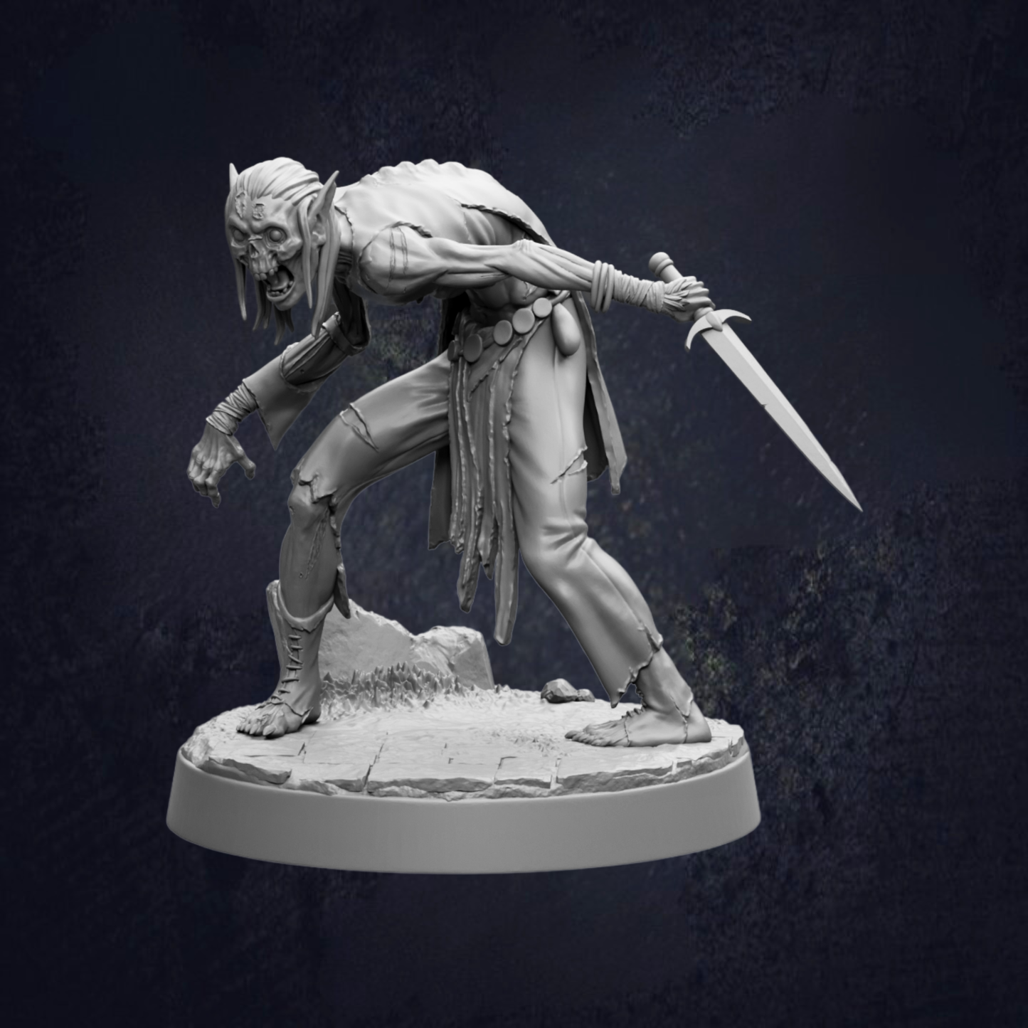 A detailed 3D model of a fierce-looking, armored warrior figure wielding a sword and shield, set against a dark background.