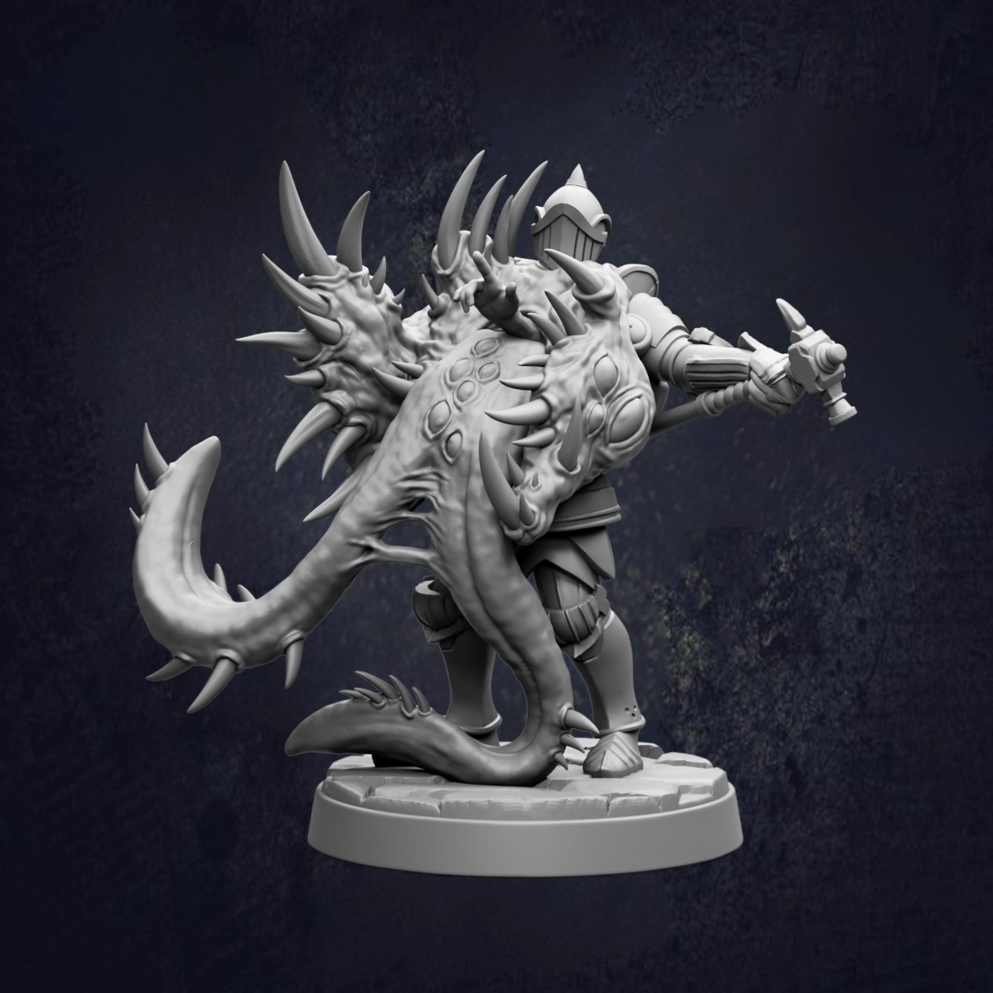 A detailed 3D model of a knight in armor, wielding a sword and shield, standing on a platform against a dark background.