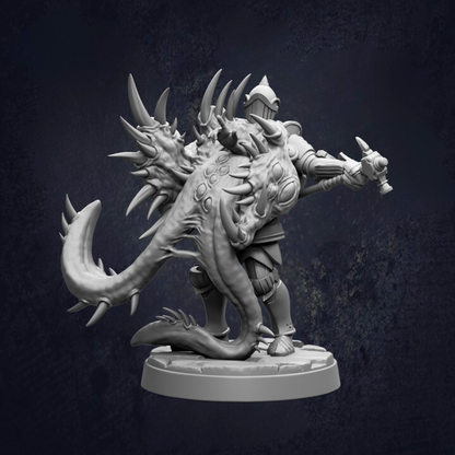 A detailed 3D model of a knight in armor, wielding a sword and shield, standing on a platform against a dark background.