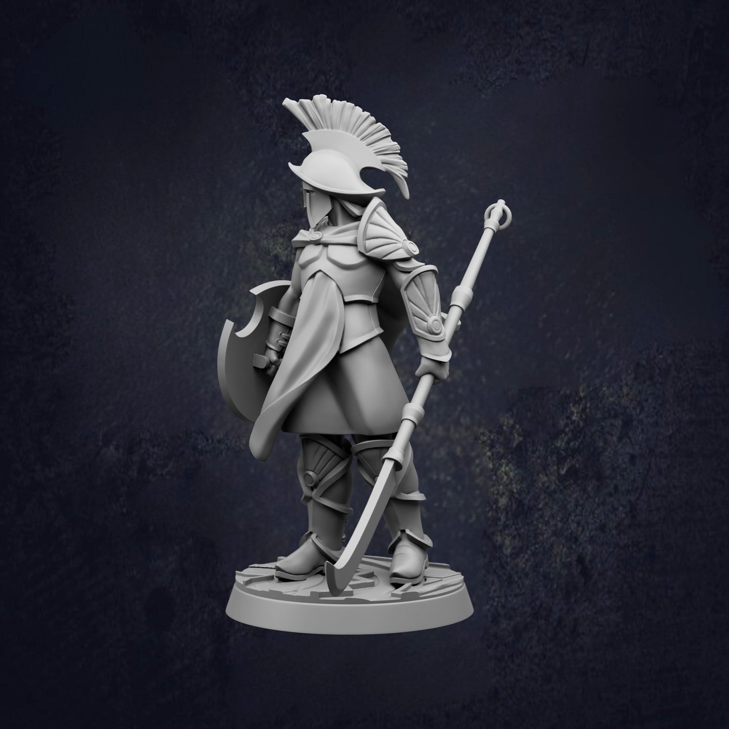 A 3D model of a warrior figure in a helmet and armor, holding a shield and sword, standing against a dark background.