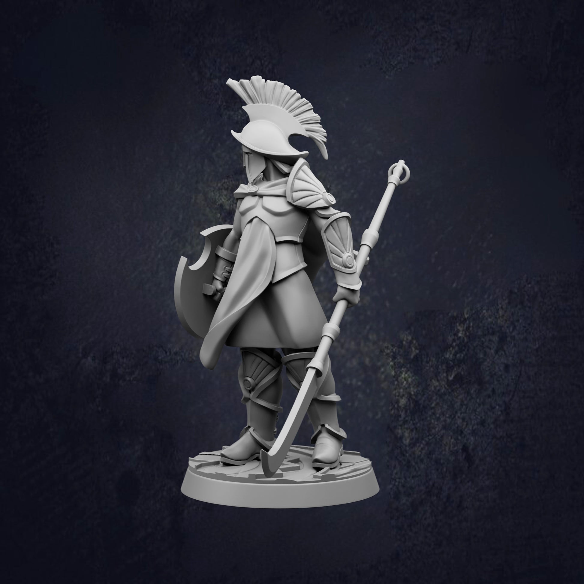 A 3D model of a warrior figure in a helmet and armor, holding a shield and sword, standing against a dark background.