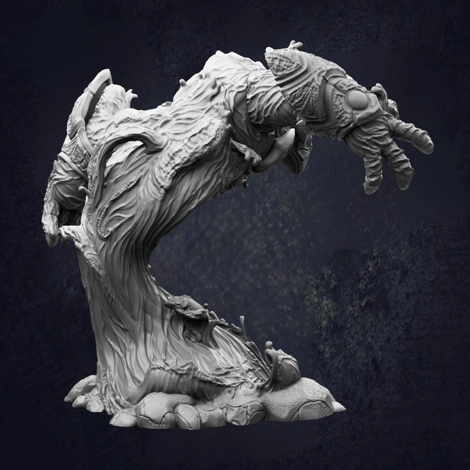 A detailed, sculptural representation of a fantastical creature with intricate, organic-looking features, such as a twisted, gnarled body and a large, expressive head.