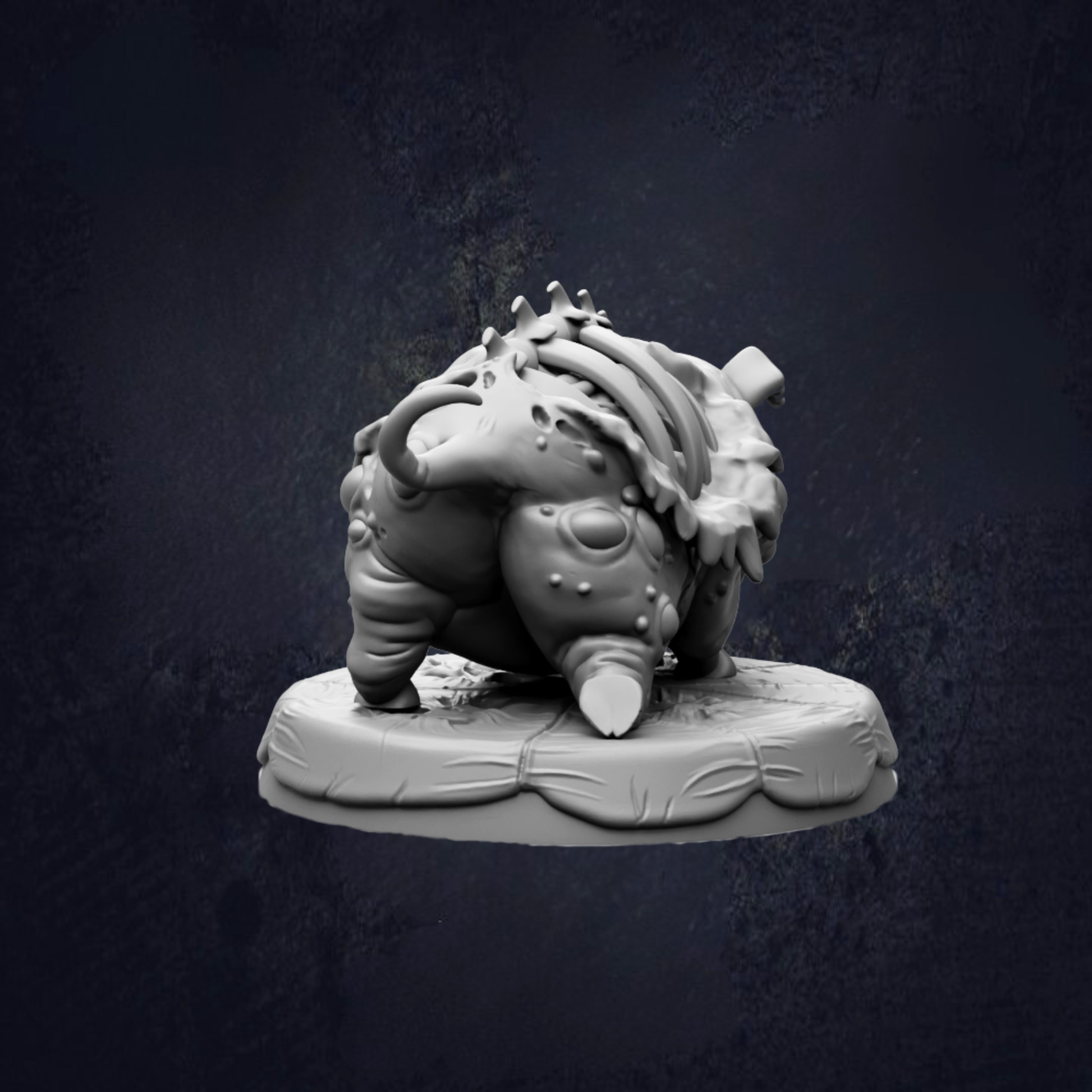A 3D model of a fantastical creature, possibly a monster or a dragon, sitting on a platform against a dark background.