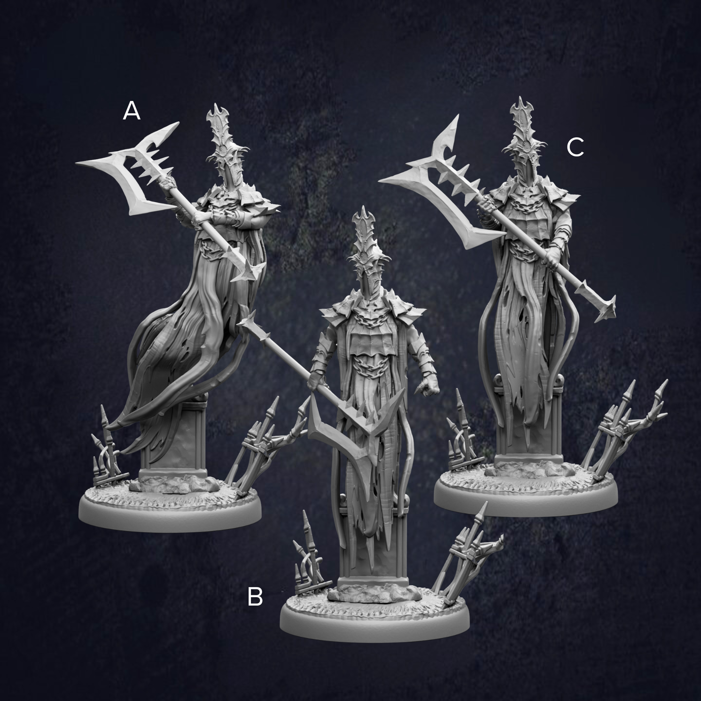 three figurines of a dark, fantastical character, each holding a large weapon, possibly a sword or spear. The figurines are arranged in a row, with the first one on the left, the second one in the middle, and the third one on the right. The background of the image is dark, which emphasizes the dark, fantastical nature of the figurines.
