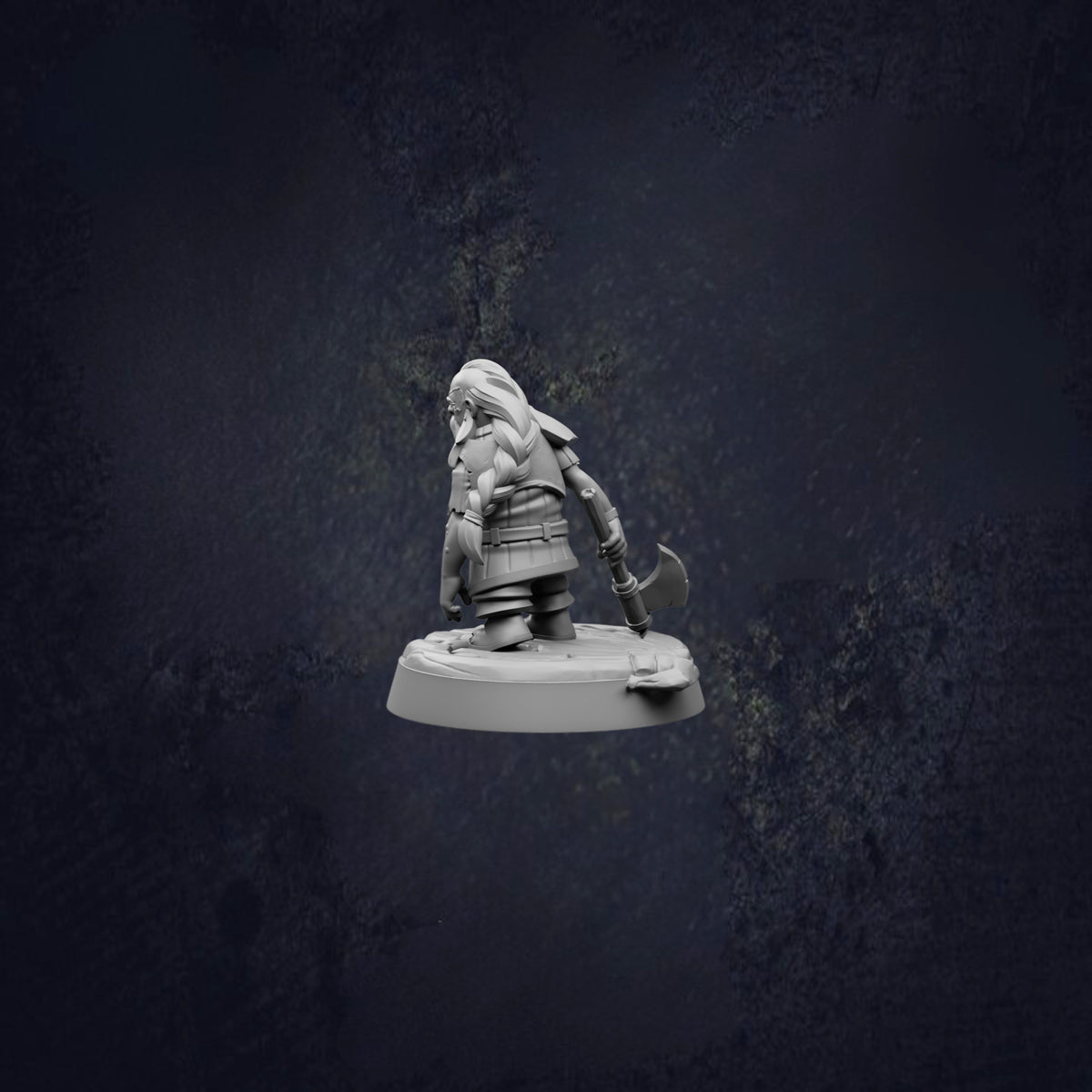 A small, detailed figurine of a dwarf or gnome-like character, possibly from a fantasy or adventure game, is shown against a dark background.