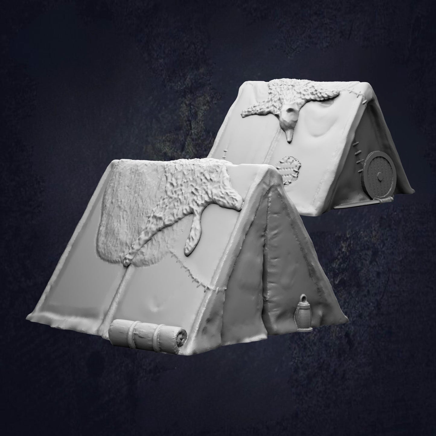 two 3D models of tents, one on top of the other, against a dark background.