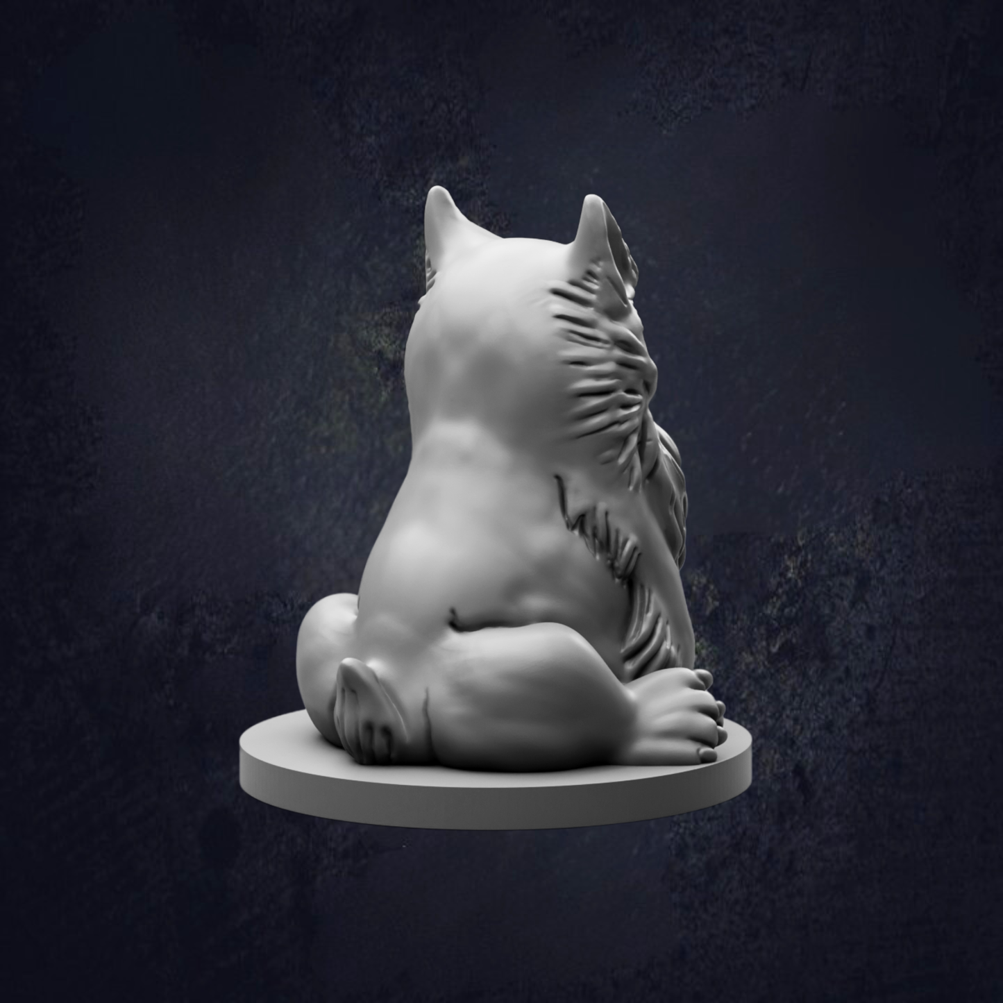 A white, 3D-rendered cat figurine sitting on a circular base against a dark background.