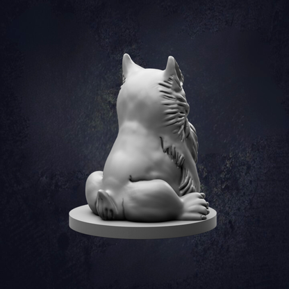 A white, 3D-rendered cat figurine sitting on a circular base against a dark background.