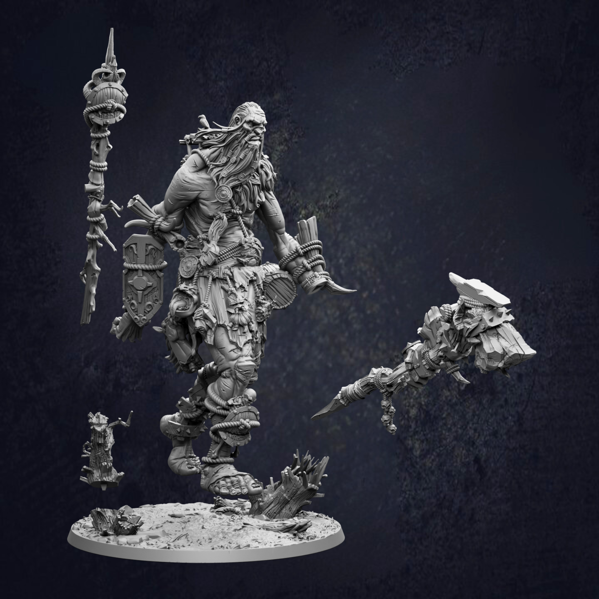 A detailed 3D model of a fantastical, heavily armored and battle-ready warrior figure, wielding various weapons and tools.