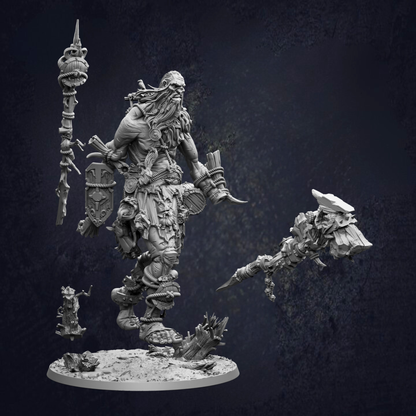 A detailed 3D model of a fantastical, heavily armored and battle-ready warrior figure, wielding various weapons and tools.