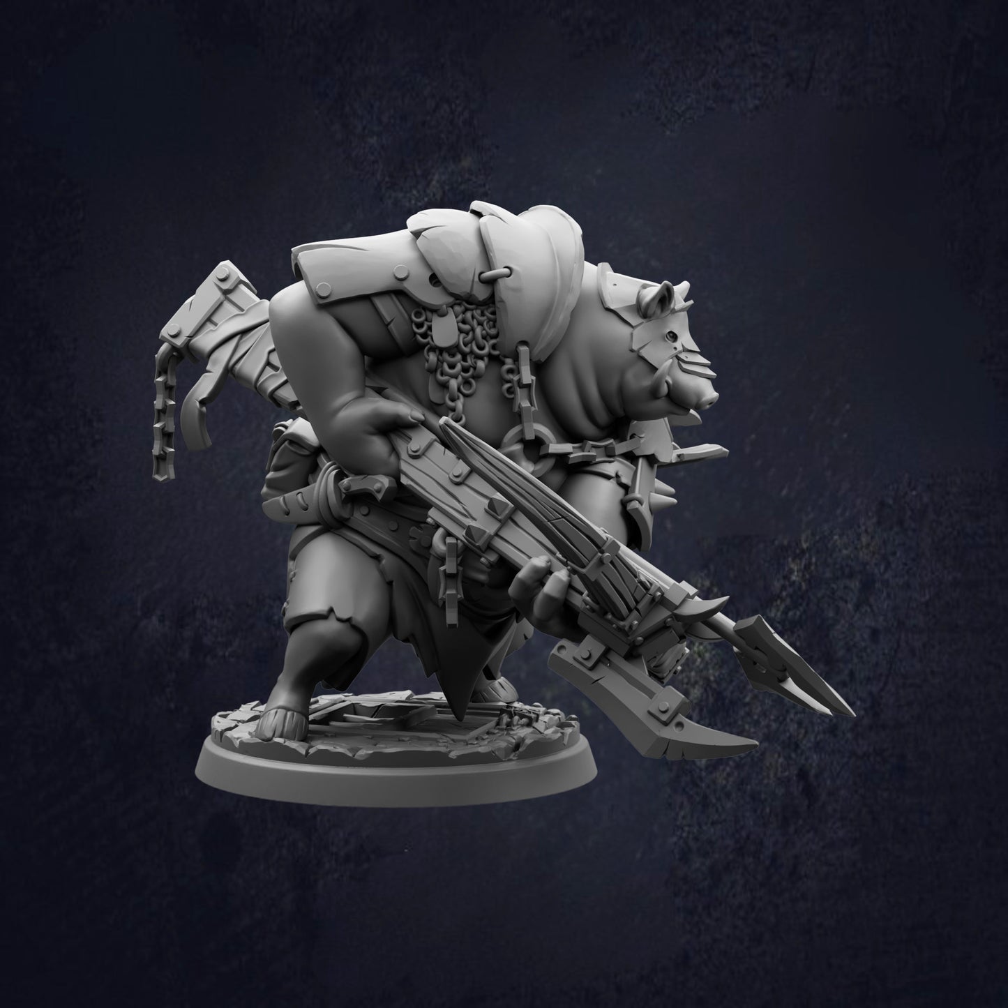 A 3D model of a heavily armored and armed character, possibly a monster or a warrior, holding a large weapon and standing in a fighting stance.