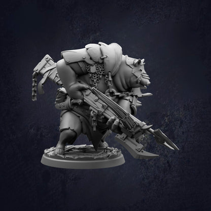 A 3D model of a heavily armored and armed character, possibly a monster or a warrior, holding a large weapon and standing in a fighting stance.