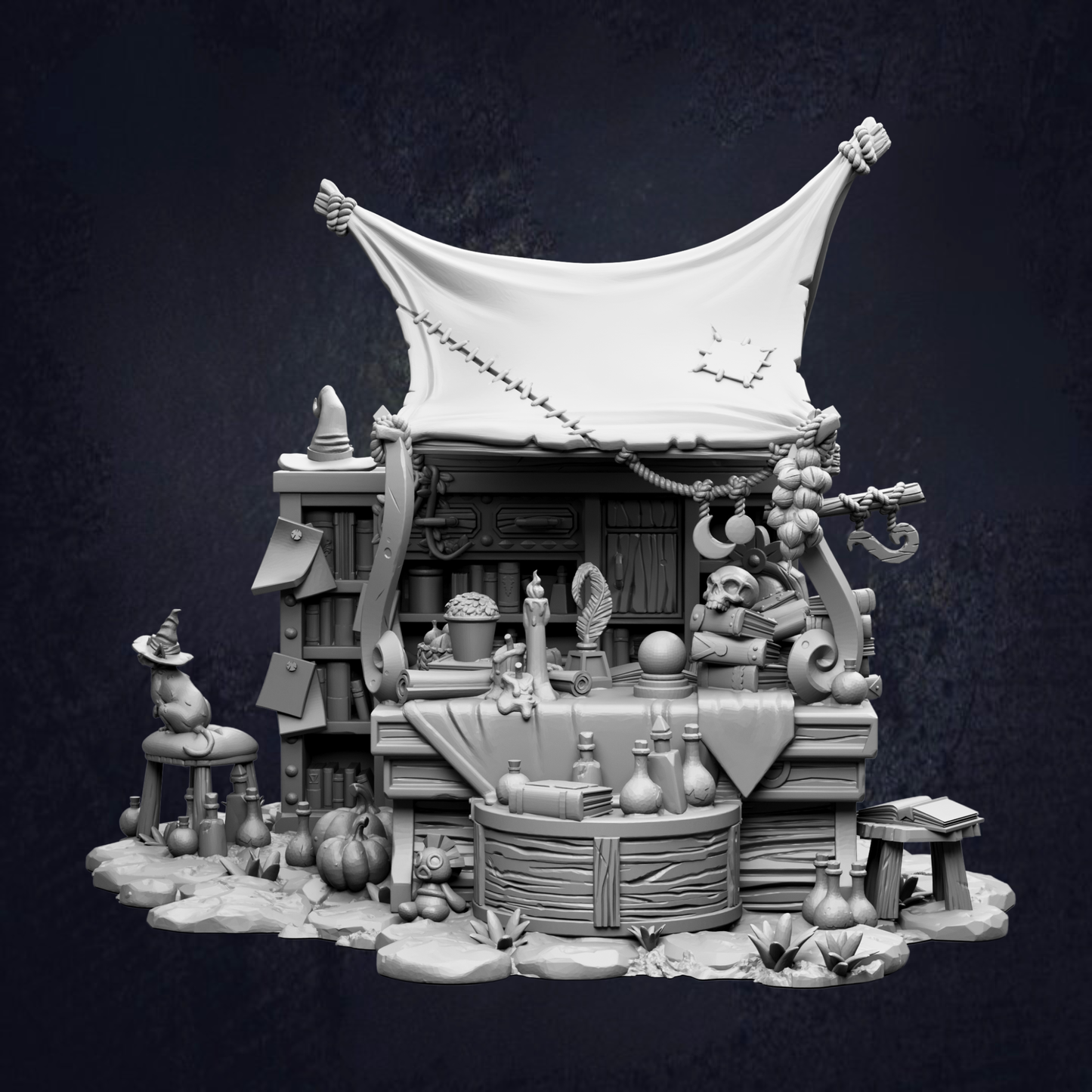 A whimsical, fantastical scene depicting a shop or hut with various objects and decorations, including a large white canopy, a small cat, and a variety of items such as bottles, vases, and other miscellaneous objects.