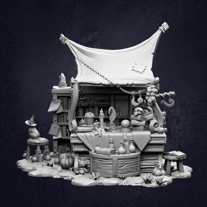 A whimsical, fantastical scene depicting a shop or hut with various objects and decorations, including a large white canopy, a small cat, and a variety of items such as bottles, vases, and other miscellaneous objects.