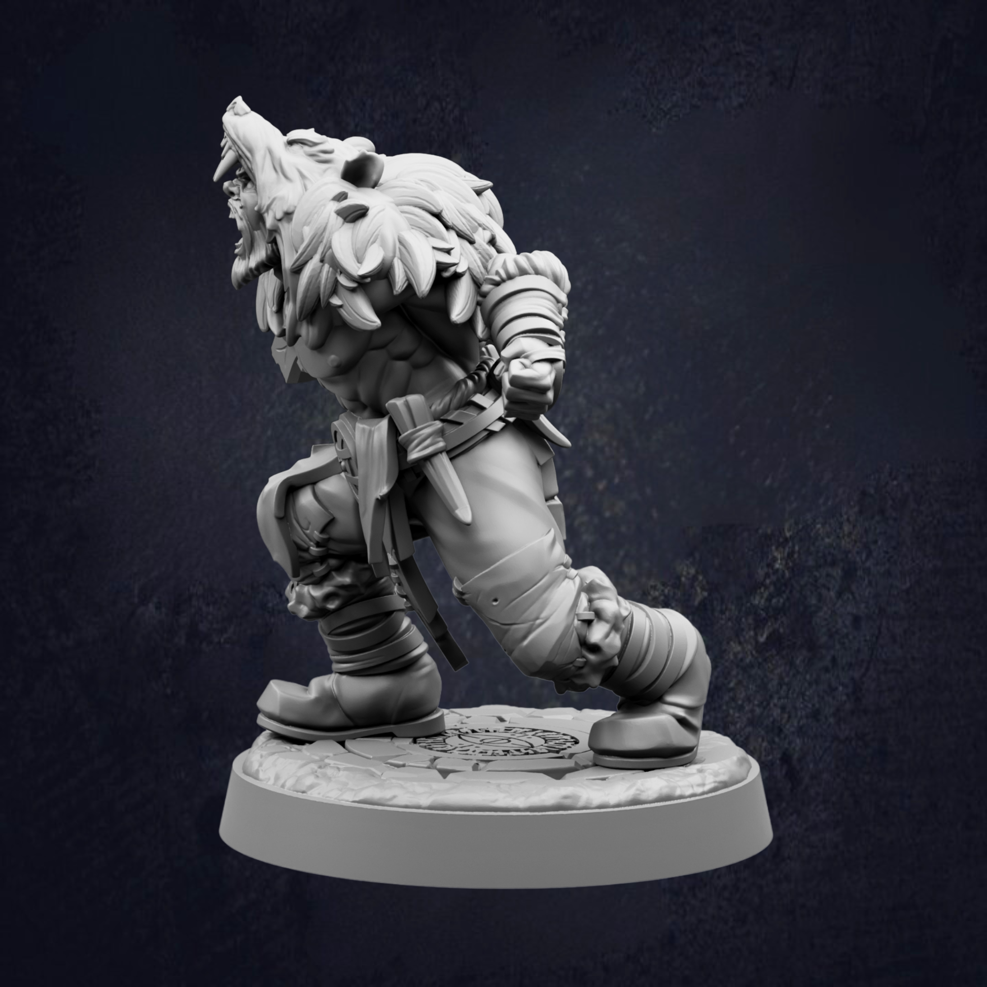 A detailed 3D model of a fierce-looking warrior figure, likely a Viking warrior, standing on a platform and appearing ready for battle.