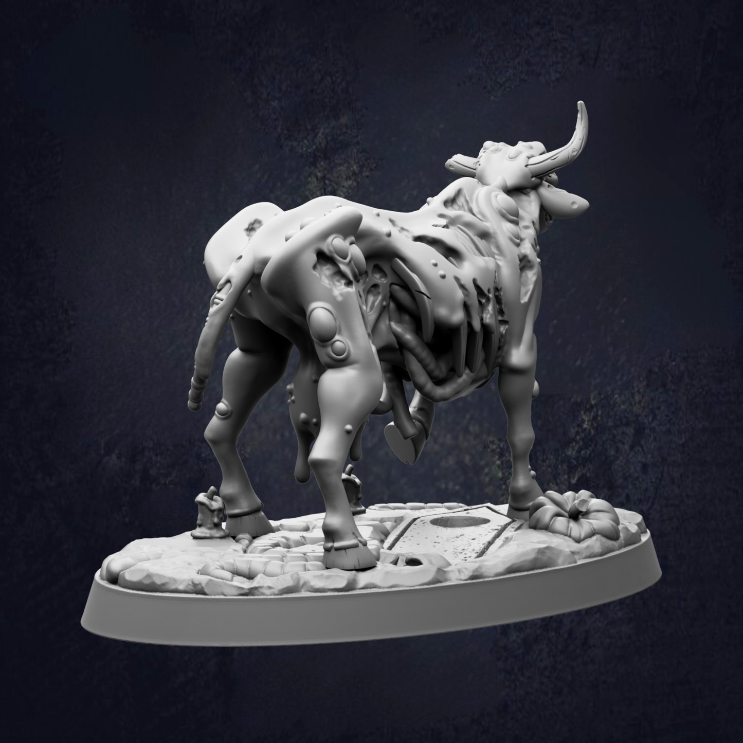 A 3D rendering of a robotic bull-like creature with a metallic, futuristic appearance.