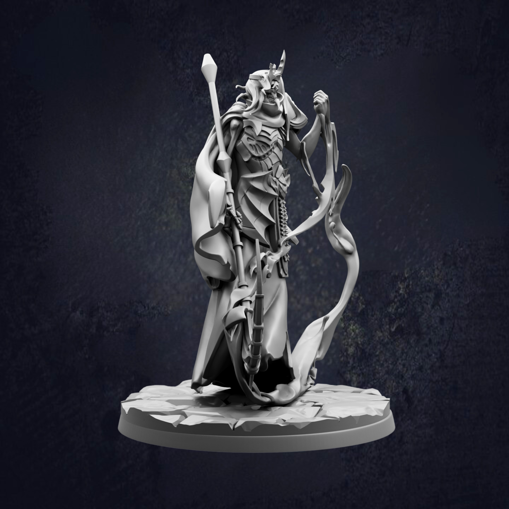 A 3D rendering of a fantastical, winged creature with intricate, flowing robes and wielding a staff, set against a dark background.