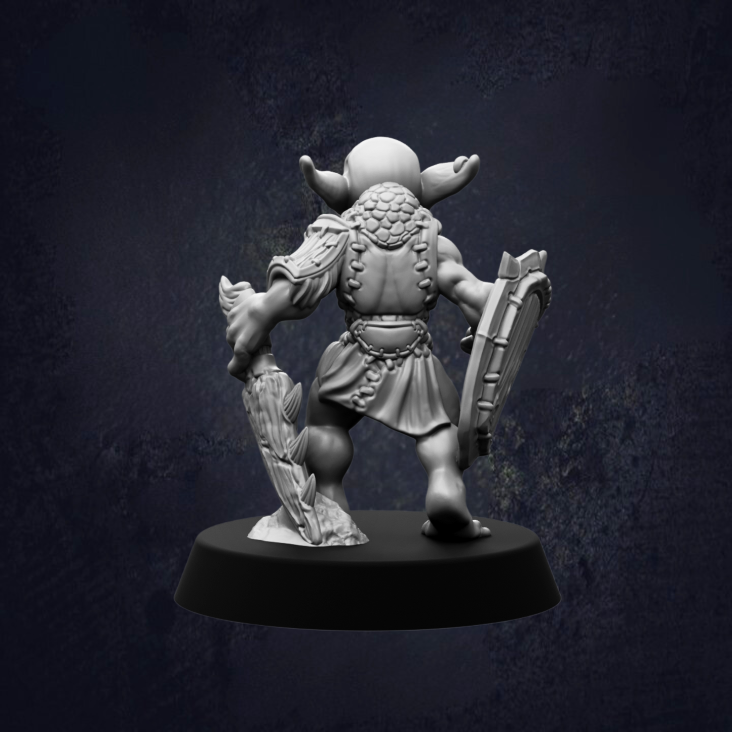 A 3D model of a fantasy character, possibly a warrior or magical being, standing on a base and holding a shield and a staff.