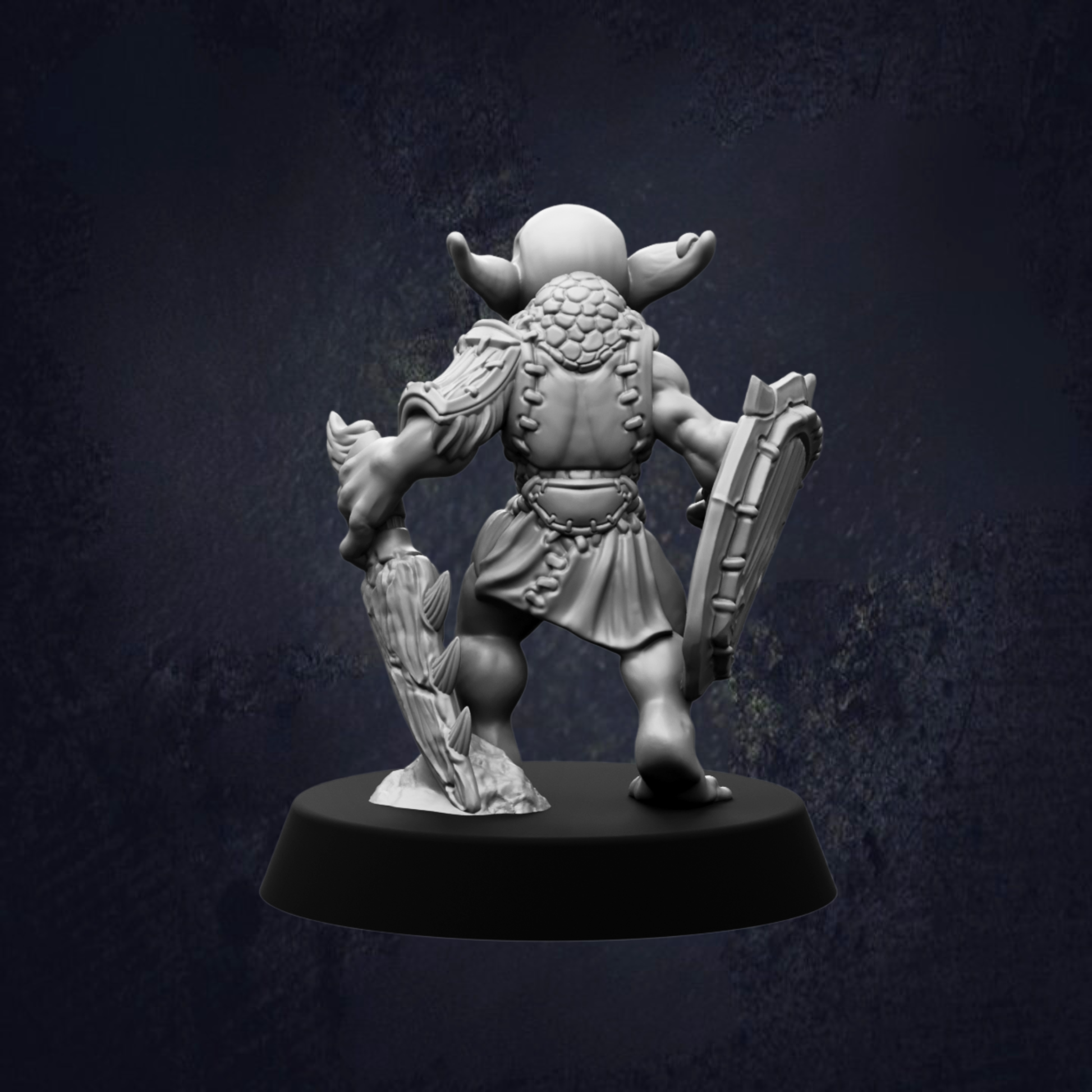 A 3D model of a fantasy character, possibly a warrior or magical being, standing on a base and holding a shield and a staff.