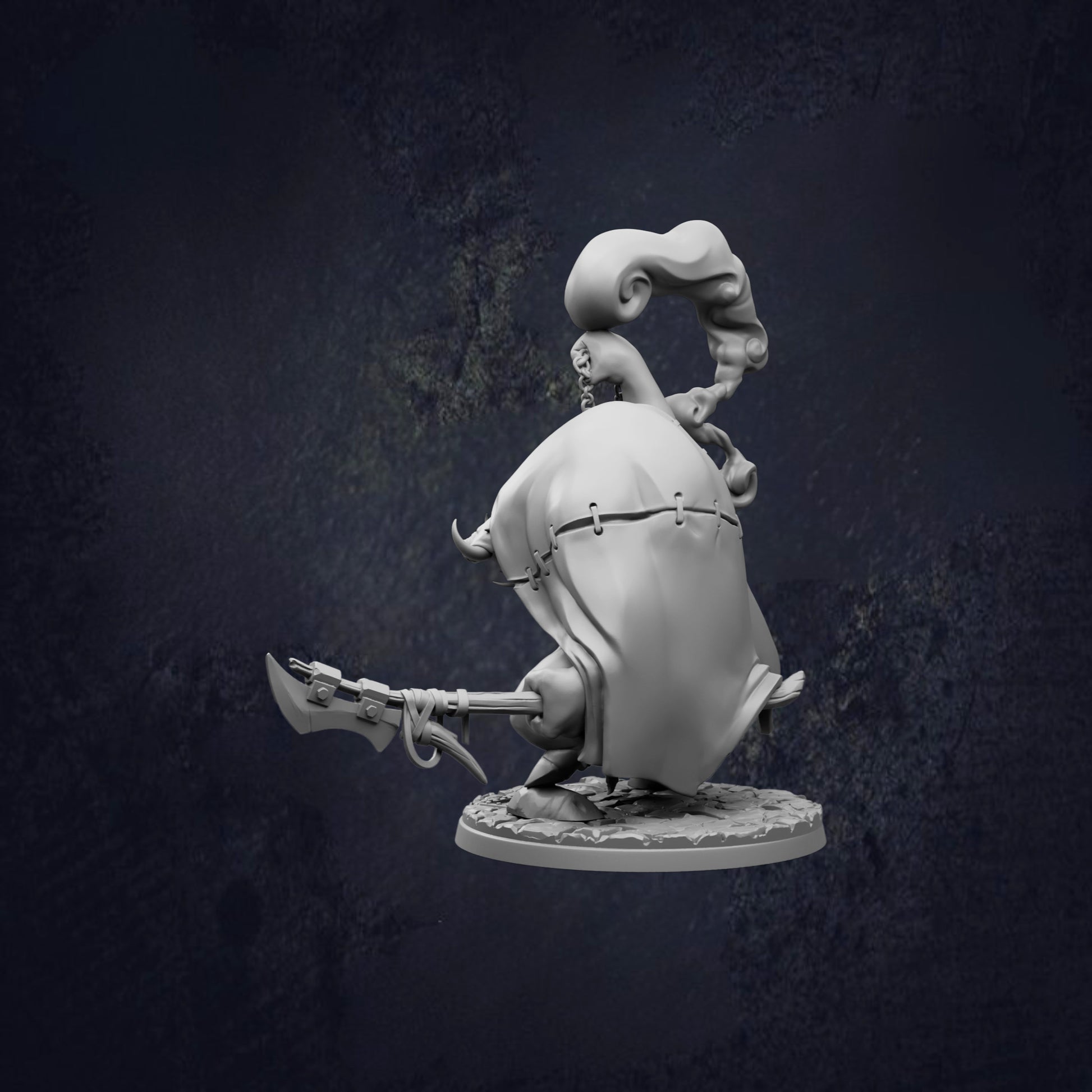 A 3D rendering of a fantastical creature, possibly a dragon or serpent, with a flowing, draped appearance and a large, curved horn-like head.