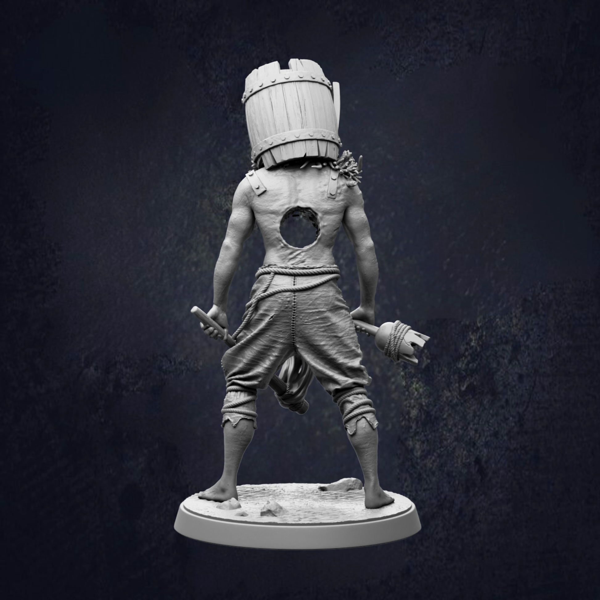 A statue of a person with a barrel on their head, standing on a base and holding a weapon.