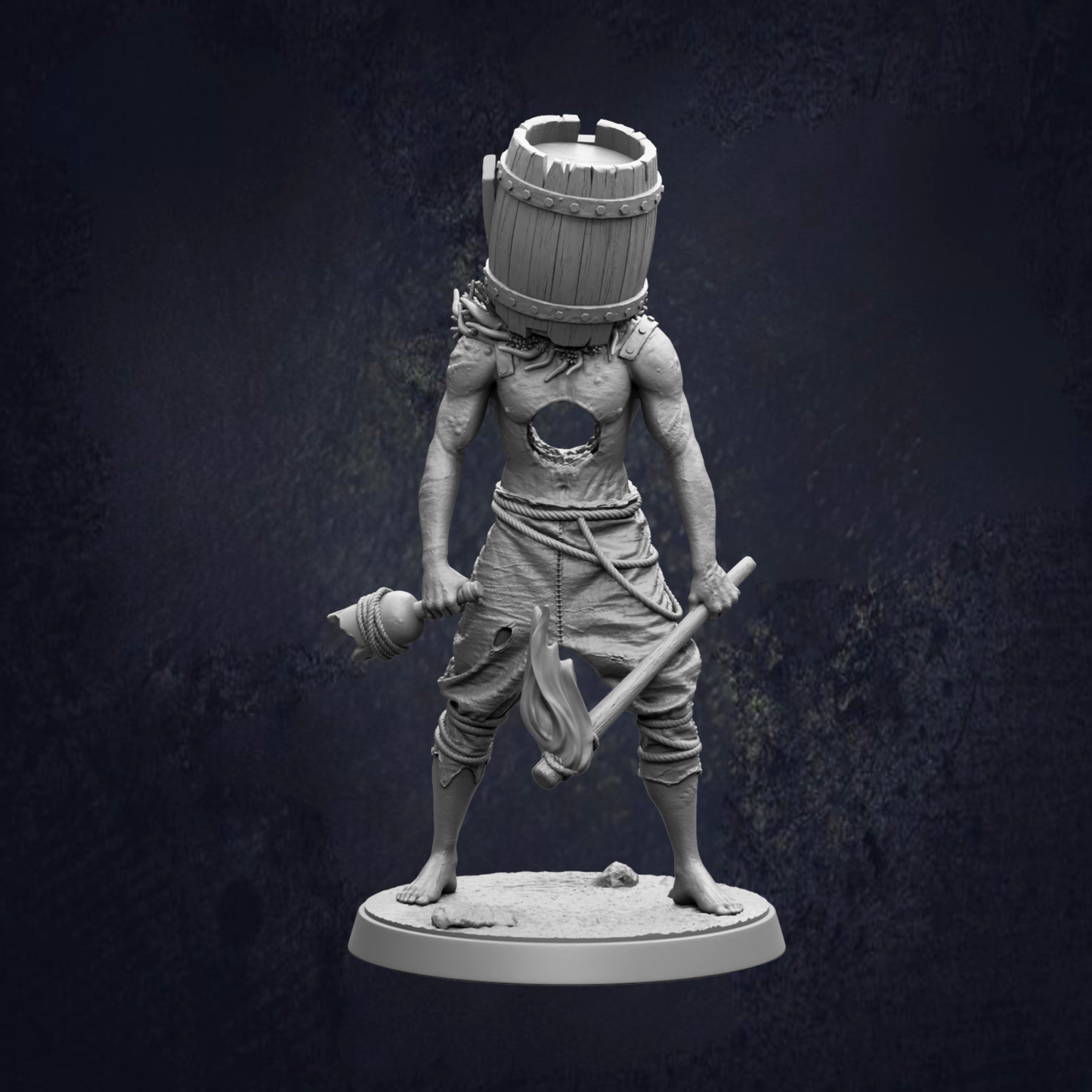 A statue of a person with a barrel on their head, holding a weapon and standing on a base.