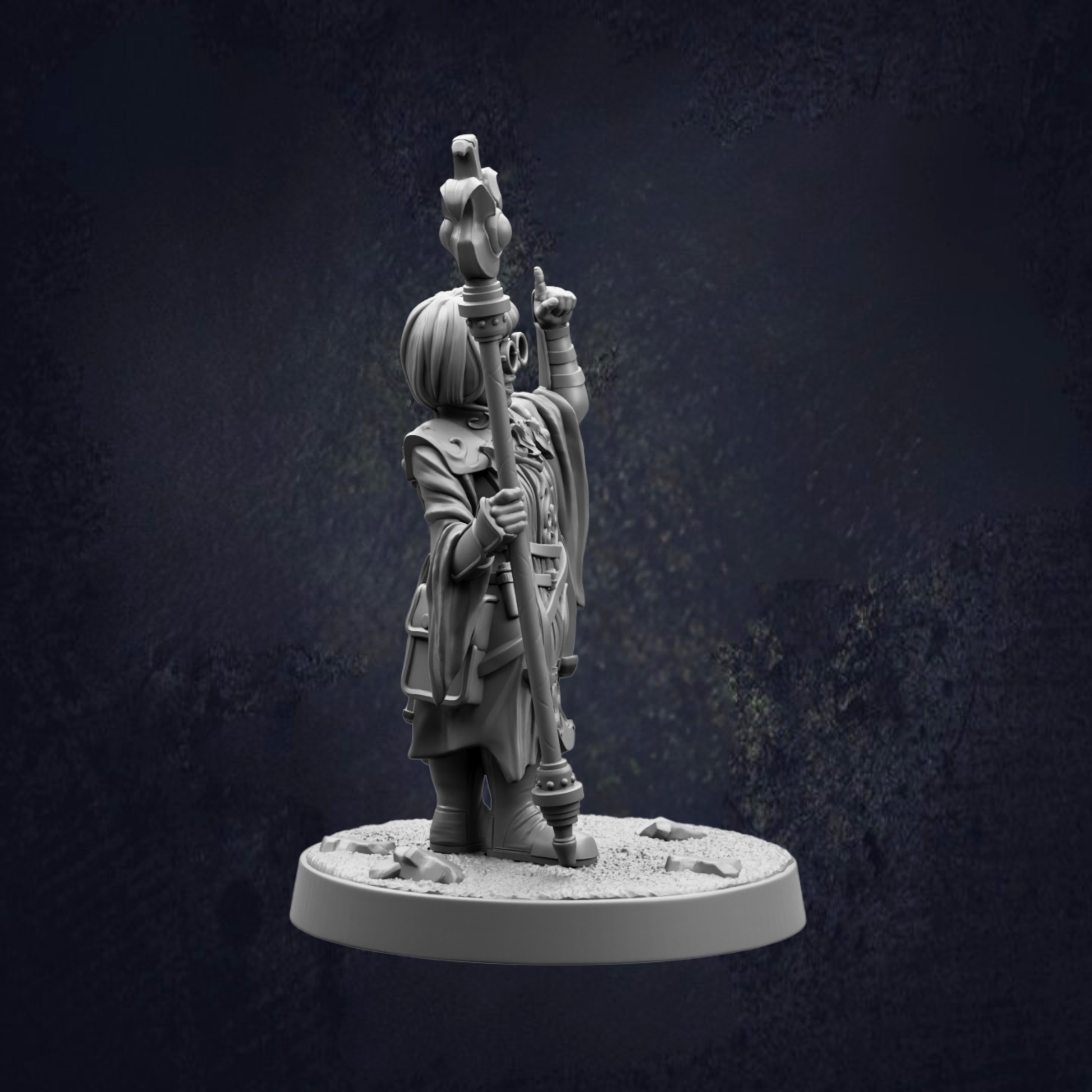 A 3D model of a character holding a staff and standing on a base, against a dark background.