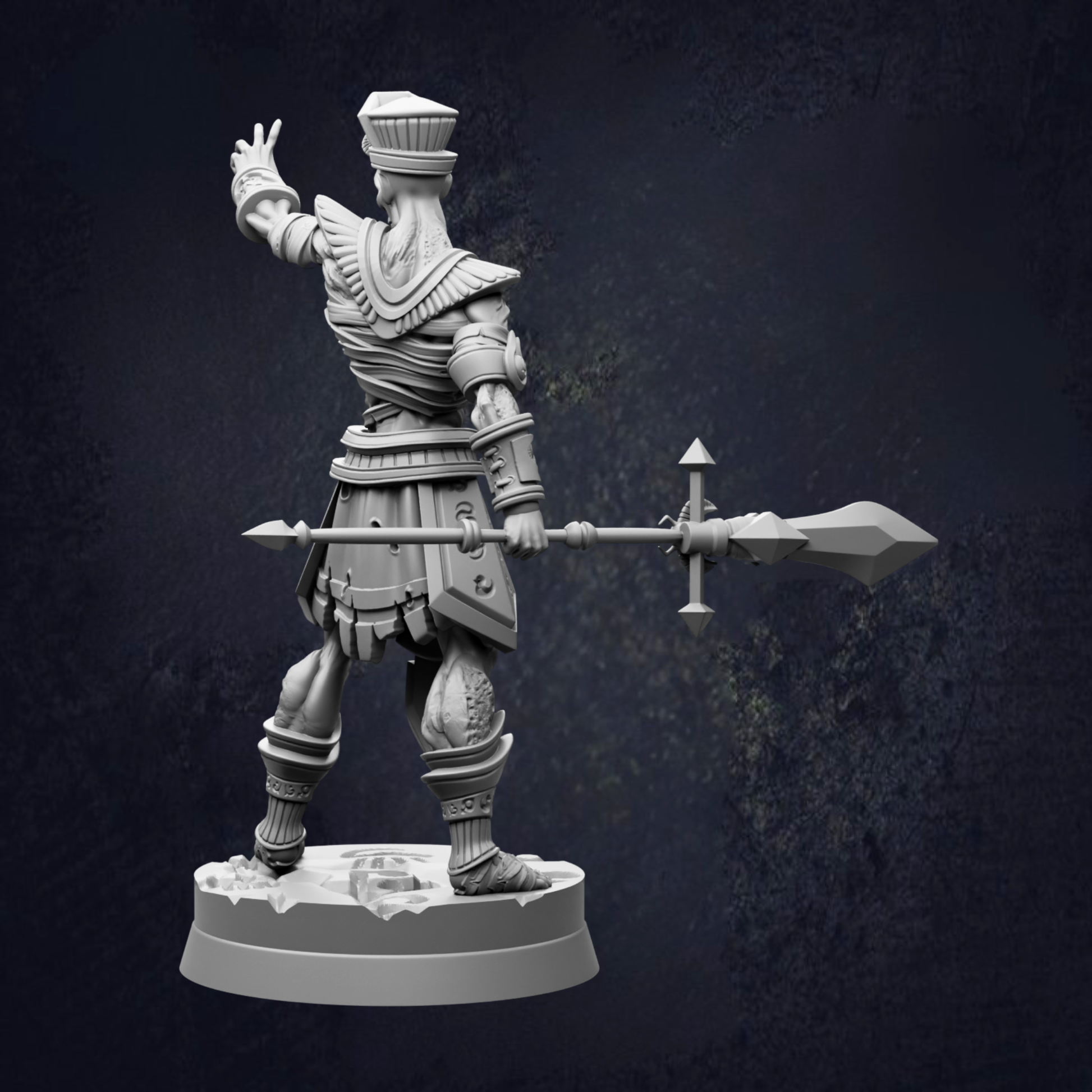 A 3D rendering of a warrior figure holding a spear and sword, standing in a fighting stance.