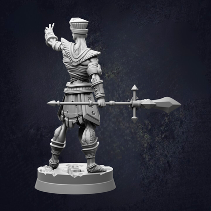 A 3D rendering of a warrior figure holding a spear and sword, standing in a fighting stance.